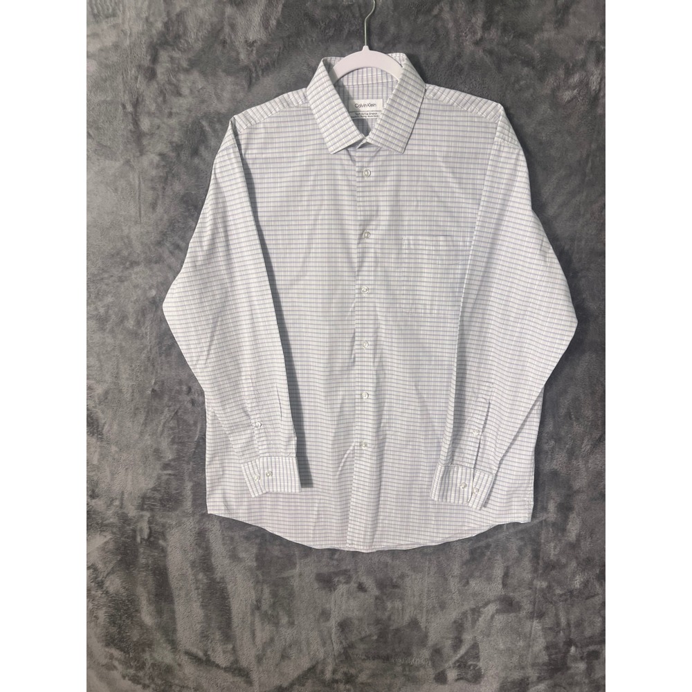 Calvin Klein Tech Active Stretch Dress Shirt Blue White Grid L 16-16.5 32/33
